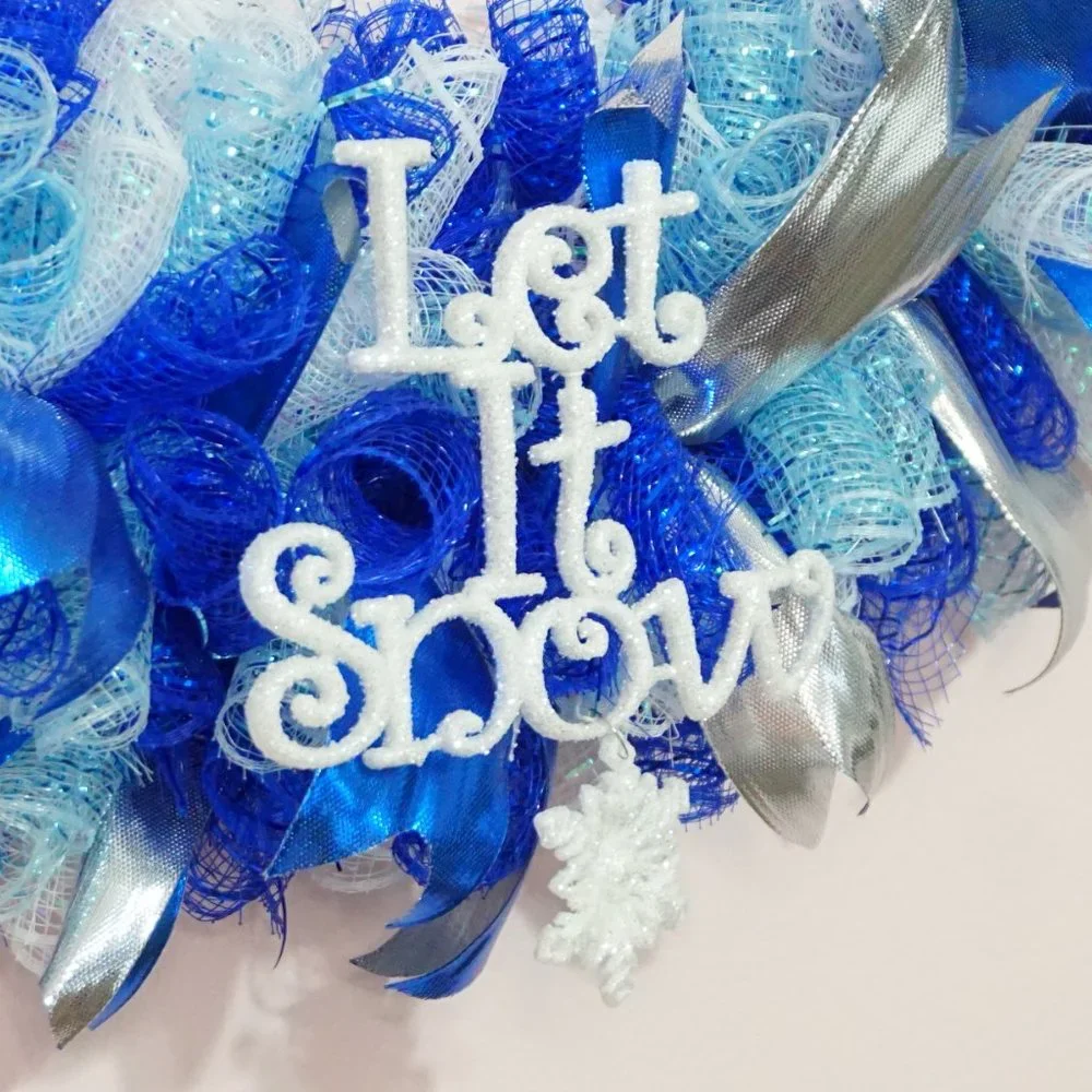 Blue and White Let It Snow Deco Mesh Wreath with Snowflake Accents